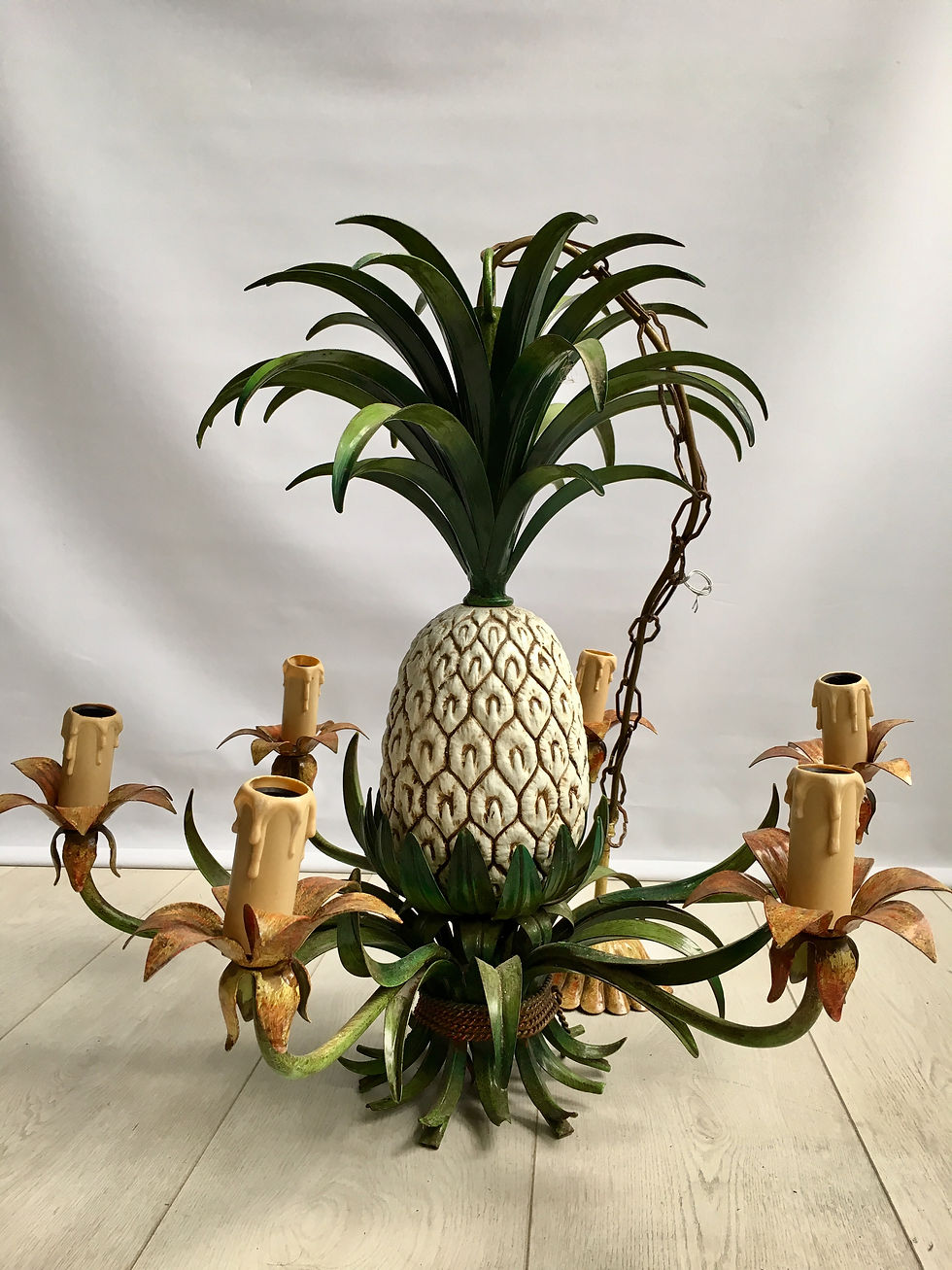 Thumbnail: SOLD Vintage French tole pineapple chandelier