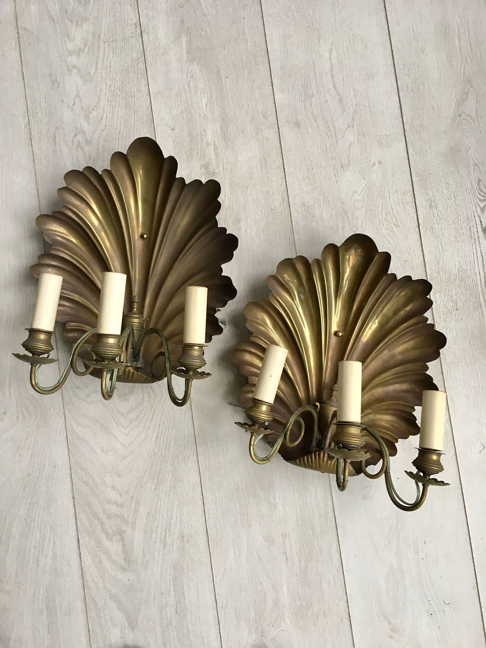 Thumbnail: SOLD PAIR ANTIQUE BRASS SHELL SCONCES 1879