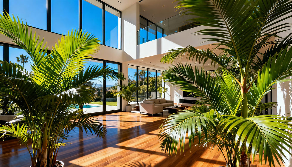 House palm tree near bright window in Los Angeles home interior, Bloom Works style