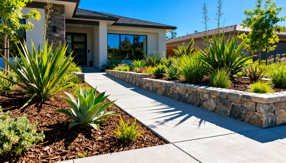 Modern Los Angeles front yard with drought-tolerant plants, paver walkway, and structured entry design.