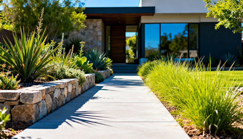 3D rendering of a completed front yard landscape showing layered planting, accent lighting, and architectural hardscape.