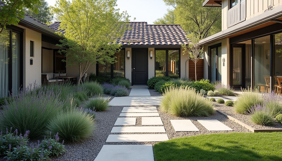 A backyard oasis featuring pet-safe flowers and shaded zones for dogs in a sustainable landscape.