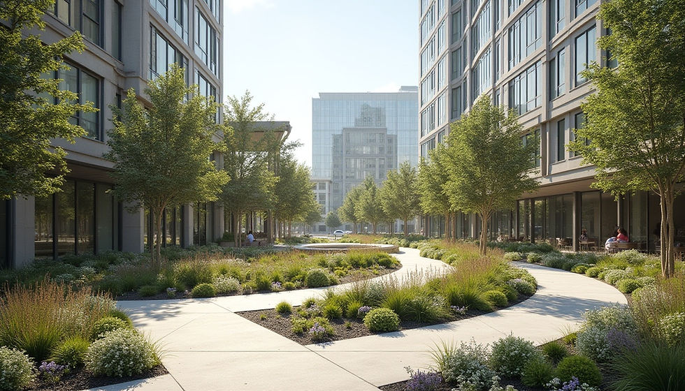 Bloom Works team installing custom-designed landscape in a corporate plaza, showcasing innovation in the commercial landscaping industry