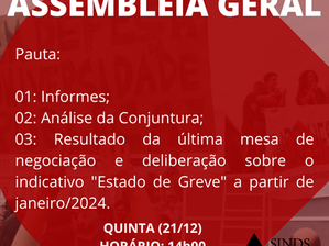 21/12: SINDS-UFSJ CONVOCA ASSEMBLEIA GERAL ONLINE
