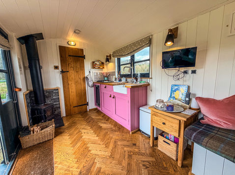 kitchen and log burning stove with doorway through to ensuite shower room