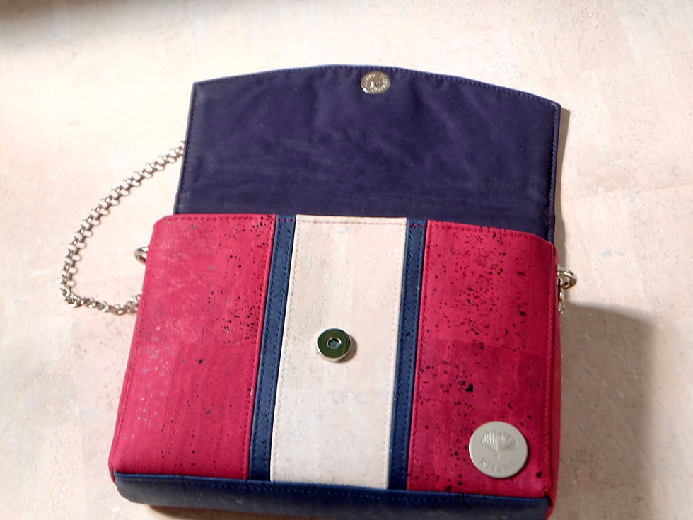 Miniaturbild: Frontansicht der Vorderseite: Colorblocking mit Streifen aus Kork in Bordeauxrot, Dunkelblau und Weiß