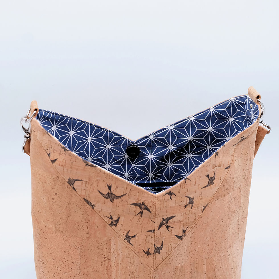 Miniaturbild: Draufsicht Korktasche vorne und auf Baumwollfutter mit japanischem Asanoha Muster