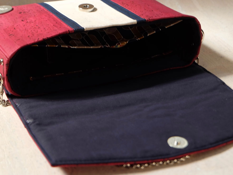 Miniaturbild: Innenansicht: Baumwollstoff als Innenfutter. Dunkelblau. Steck- und Reißverschlussfach mit Retromuster in Blau, Rot und Gelb.