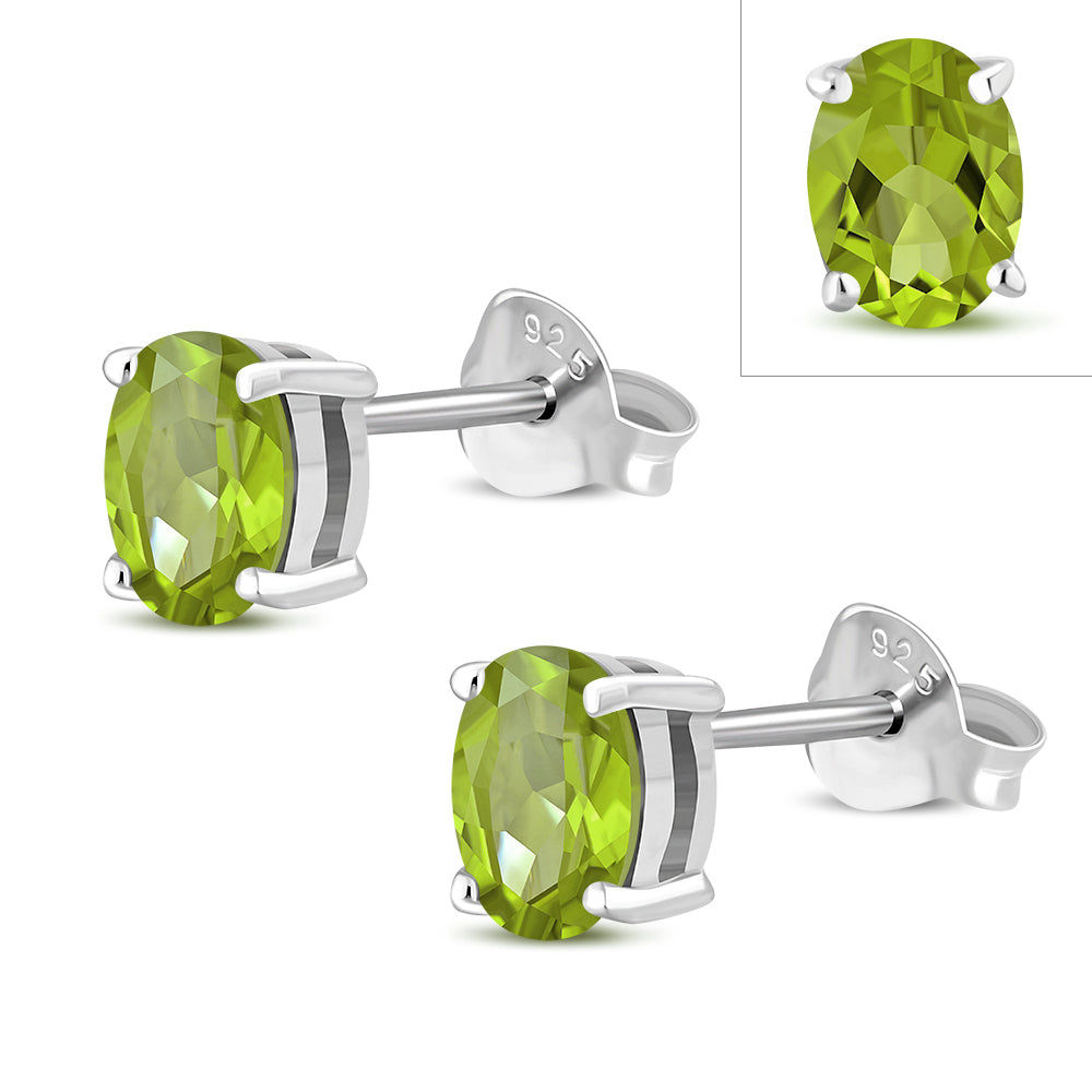 Oval Peridot Stone Sterling Silver Stud Earrings.