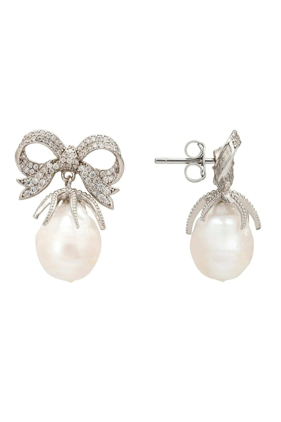 Thumbnail: Baroque Pearl Ribbon and Bows Drop Earrings Silver.