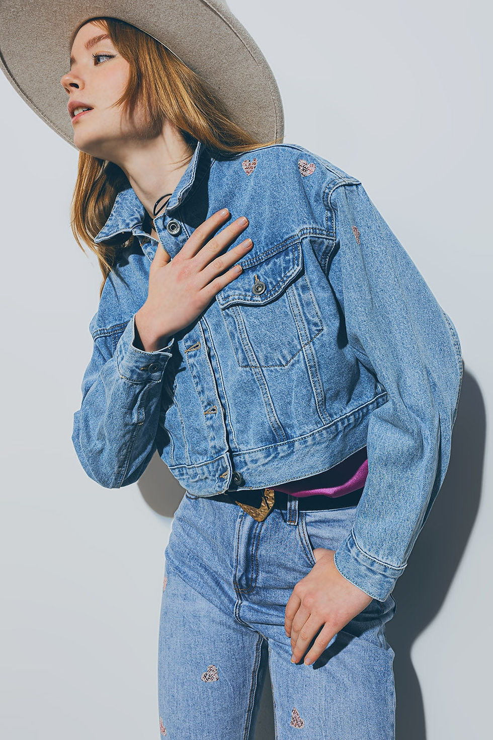 Thumbnail: Cropped Denim Jacket With Embellished Hearts in Mid Wash