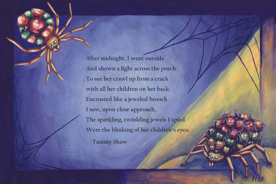 Gouache poem illustration of a spider as a jeweled broach and a spider with babies on its back 