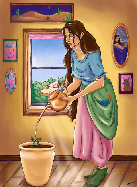 Digital illustration of a girl watering a 
