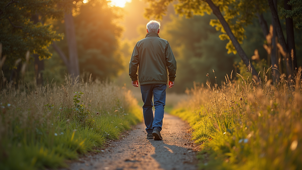 Eye-level view of a senior man walking on a nature trail