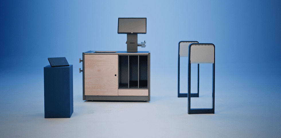 gamme RFID pro line contenant des antennes antivol, une caisse en self-checkout et une platine RFID