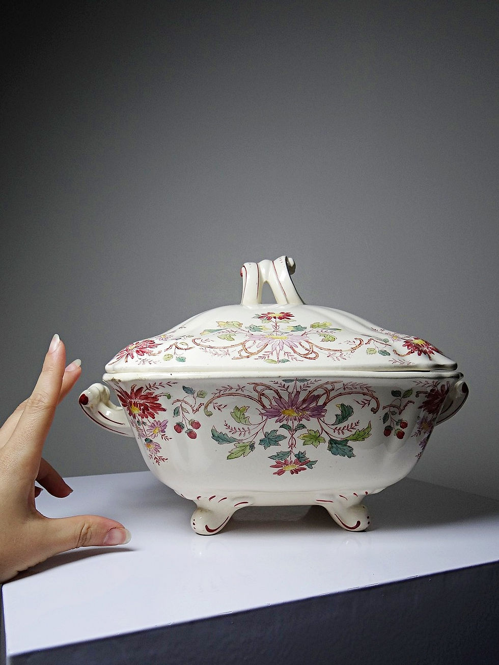 Miniature : Soupière/légumier ancien Longchamp Pâquerettes terre de fer polychrome