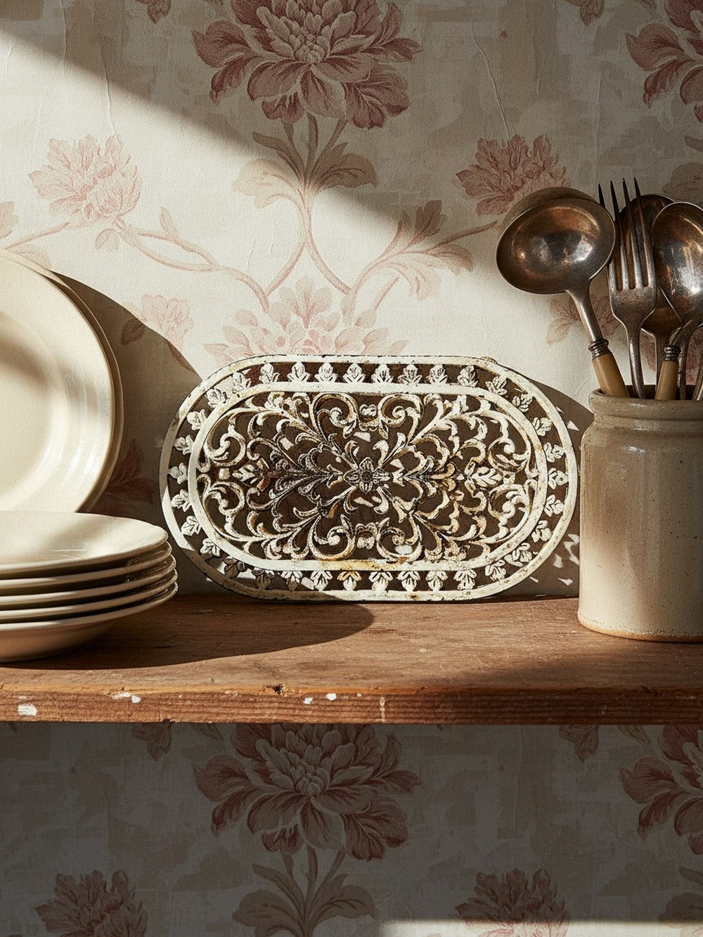 Dessous de plat fonte émaillée blanc ancien années 1890-1930 patine d'usage