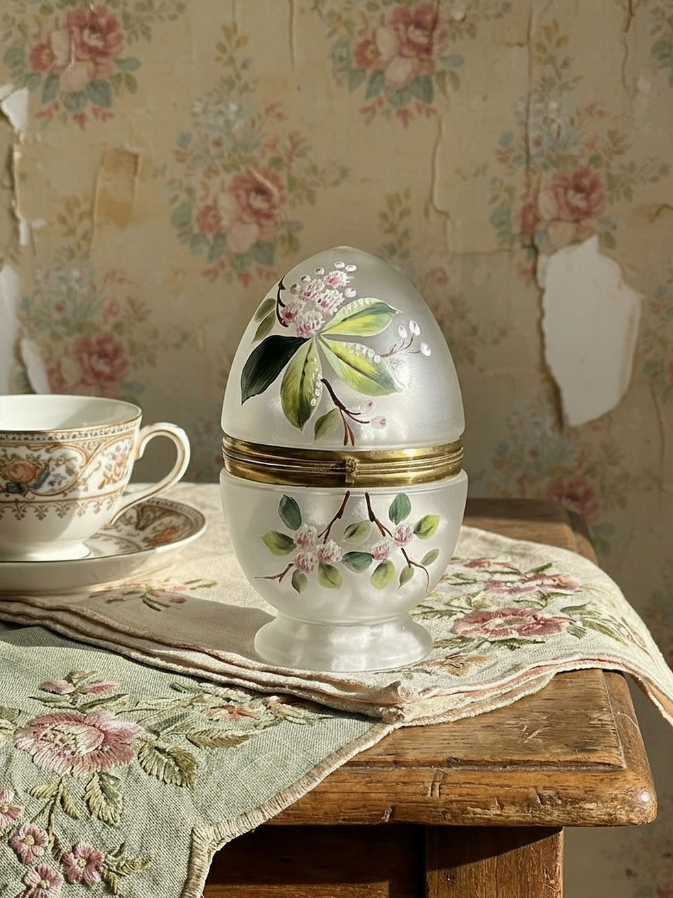 Boite oeuf verre givré émaillé et laiton ancien XIX-XXe