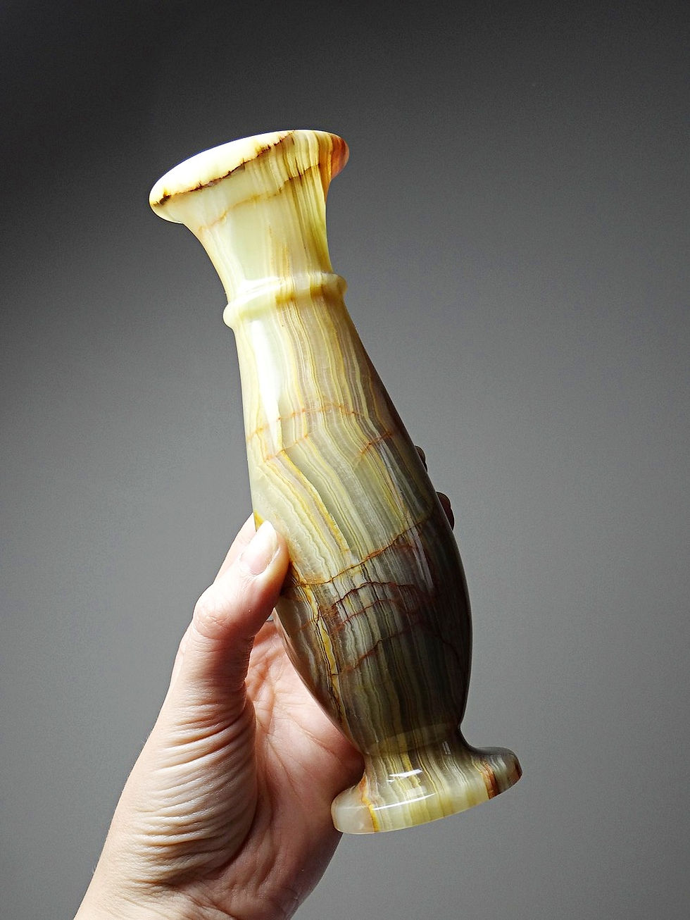 Miniature : Duo de vases balustres vintages en onyx strié vert Italie mid-century