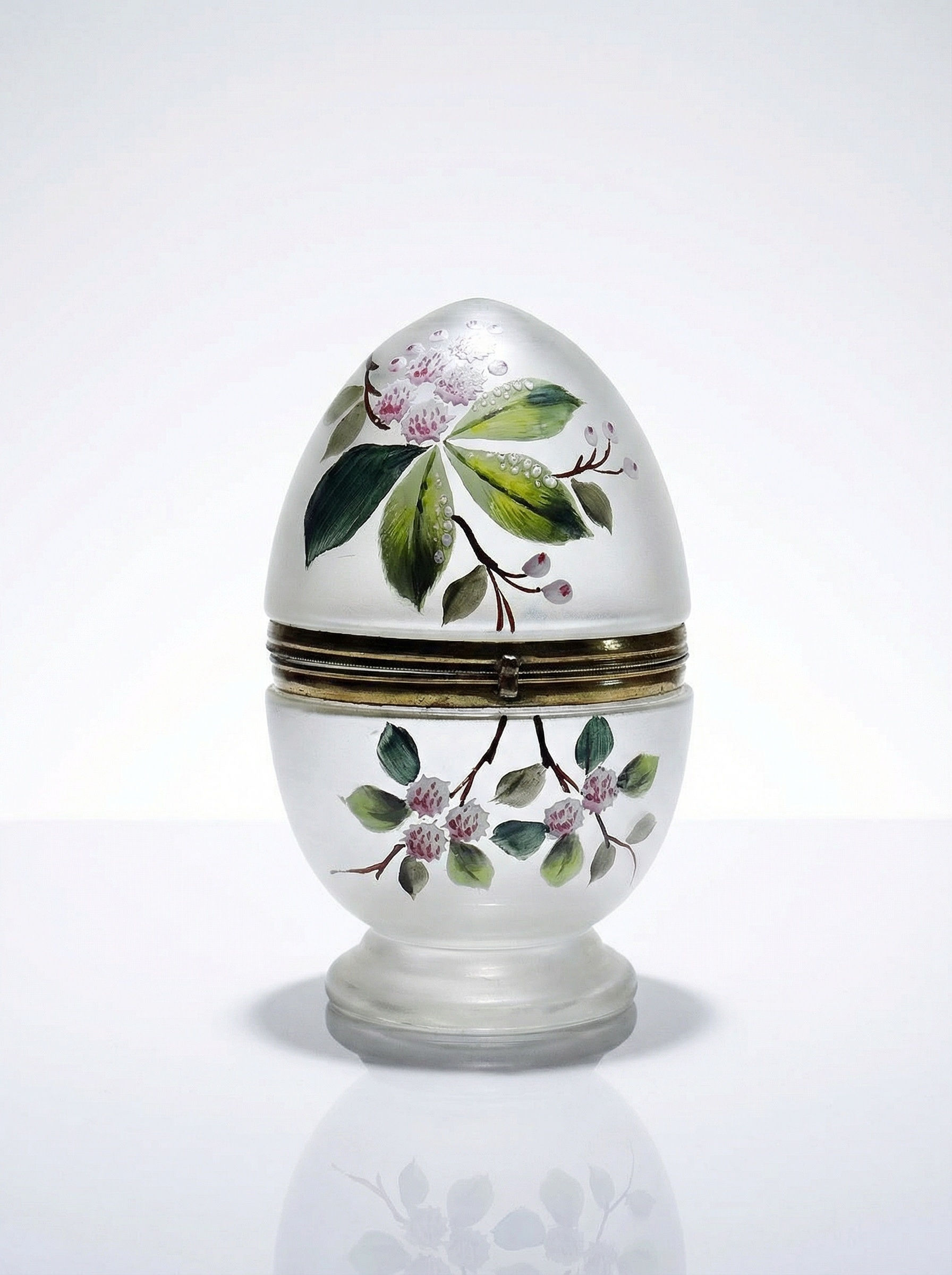 Boite oeuf verre givré émaillé et laiton ancien XIX-XXe
