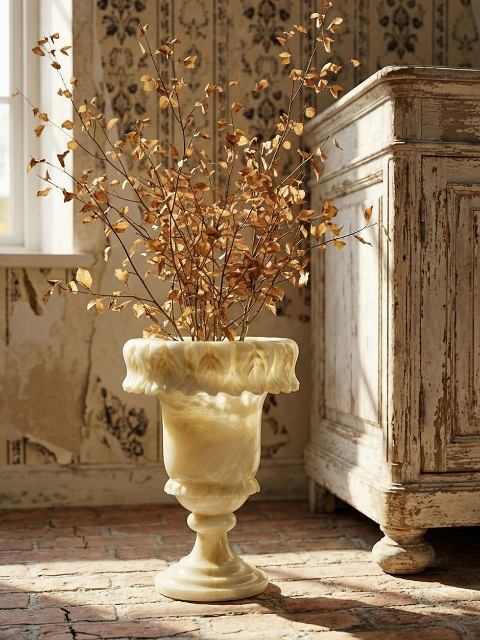 Grande potiche médicis en albatre/marbre jaunâtre style belle époque