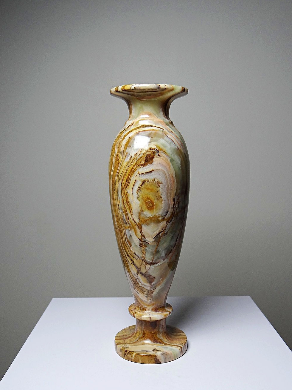 Miniature : Duo de vases balustres vintages en onyx strié vert Italie mid-century