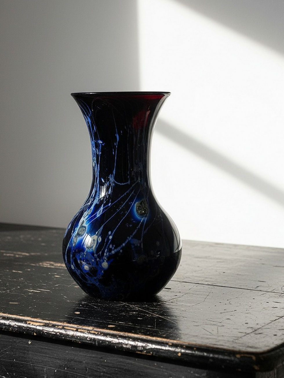 Grand vase verrerie d'art violet à inclusions paillerons d'argent vintage