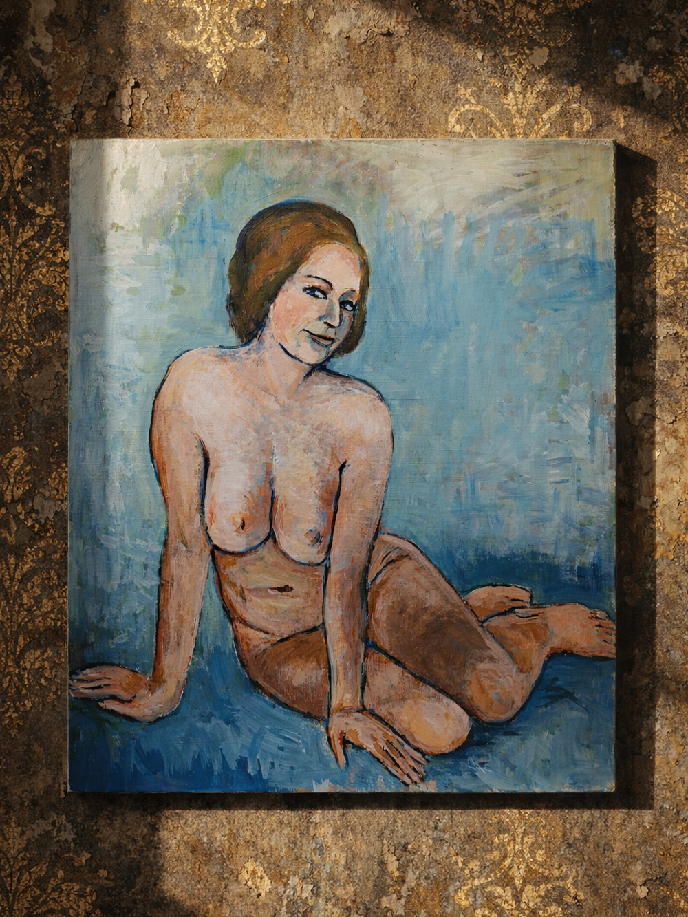 Tableau portrait nu assise, moderne huile sur carton entoilé vintage
