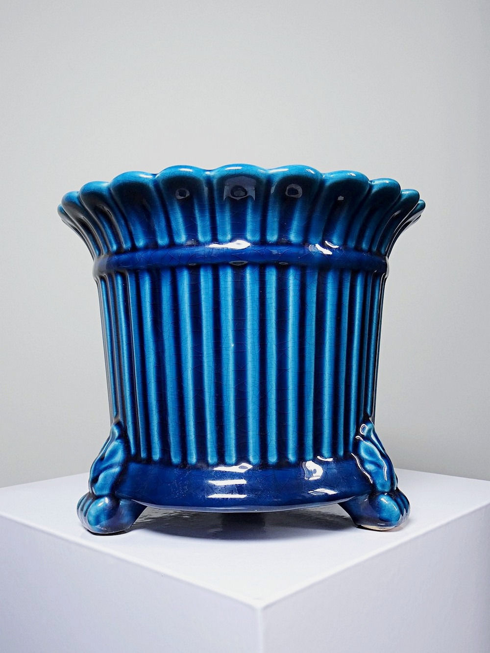 Cache pot vintage années 60-80 faïence glacée turquoise Charolles