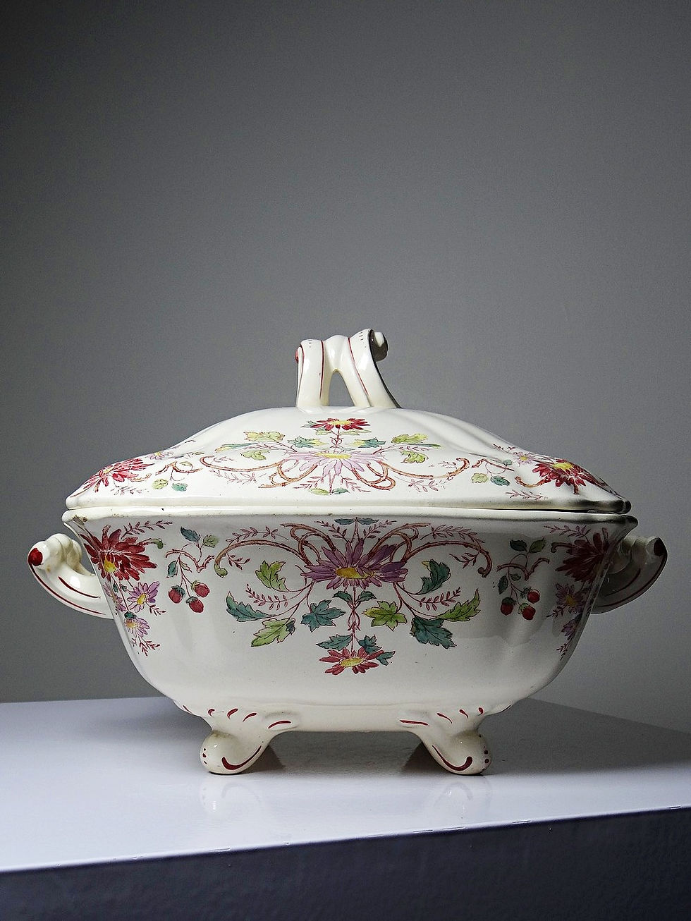 Miniature : Soupière/légumier ancien Longchamp Pâquerettes terre de fer polychrome