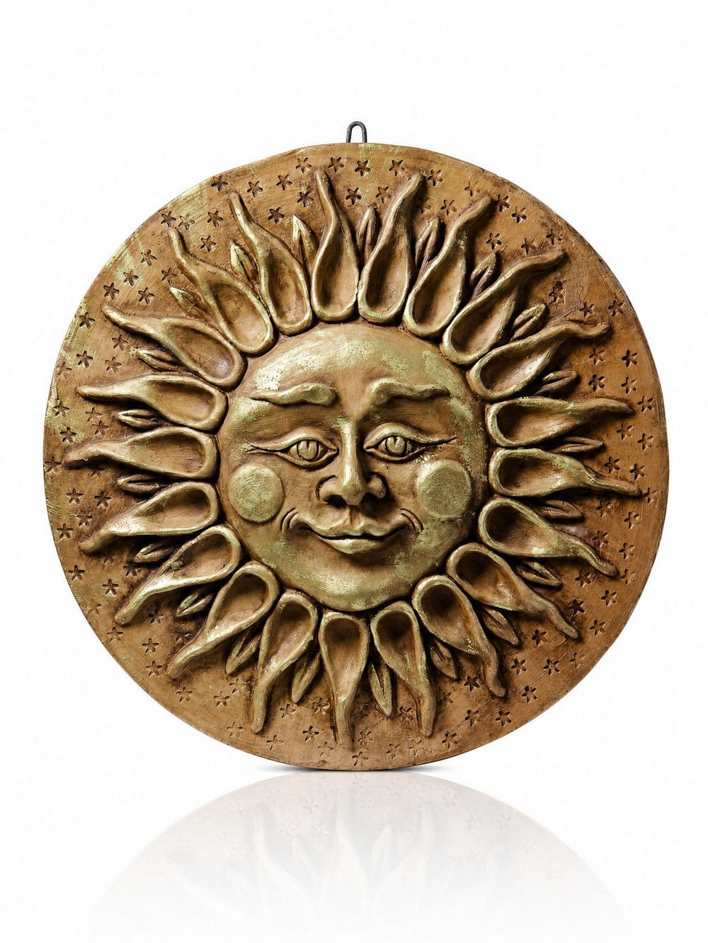 Grand soleil anthropomorphe mural terre cuite patinée, artisanat italien vintage