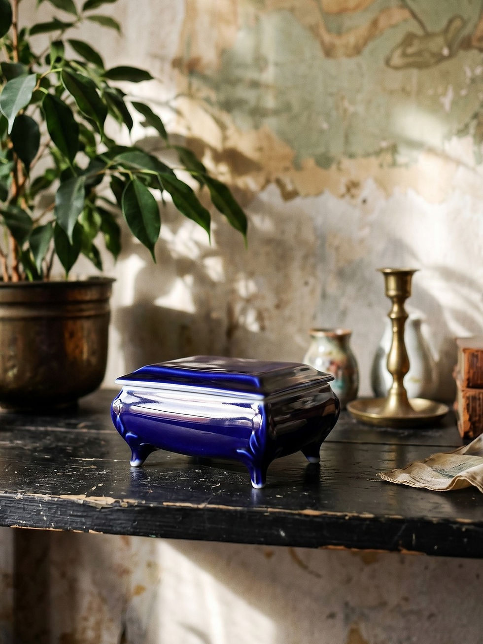 Miniature : Petite boîte à bijoux vintage en porcelaine de Limoges bleu de four