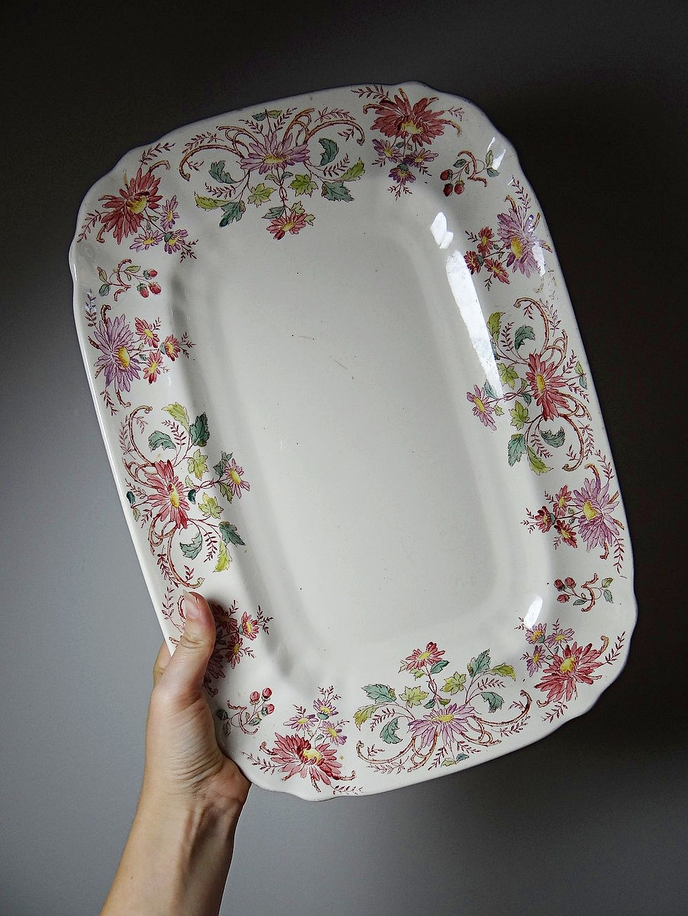 Miniature : Grand plat de service ancien Longchamp Pâquerettes terre de fer polychrome