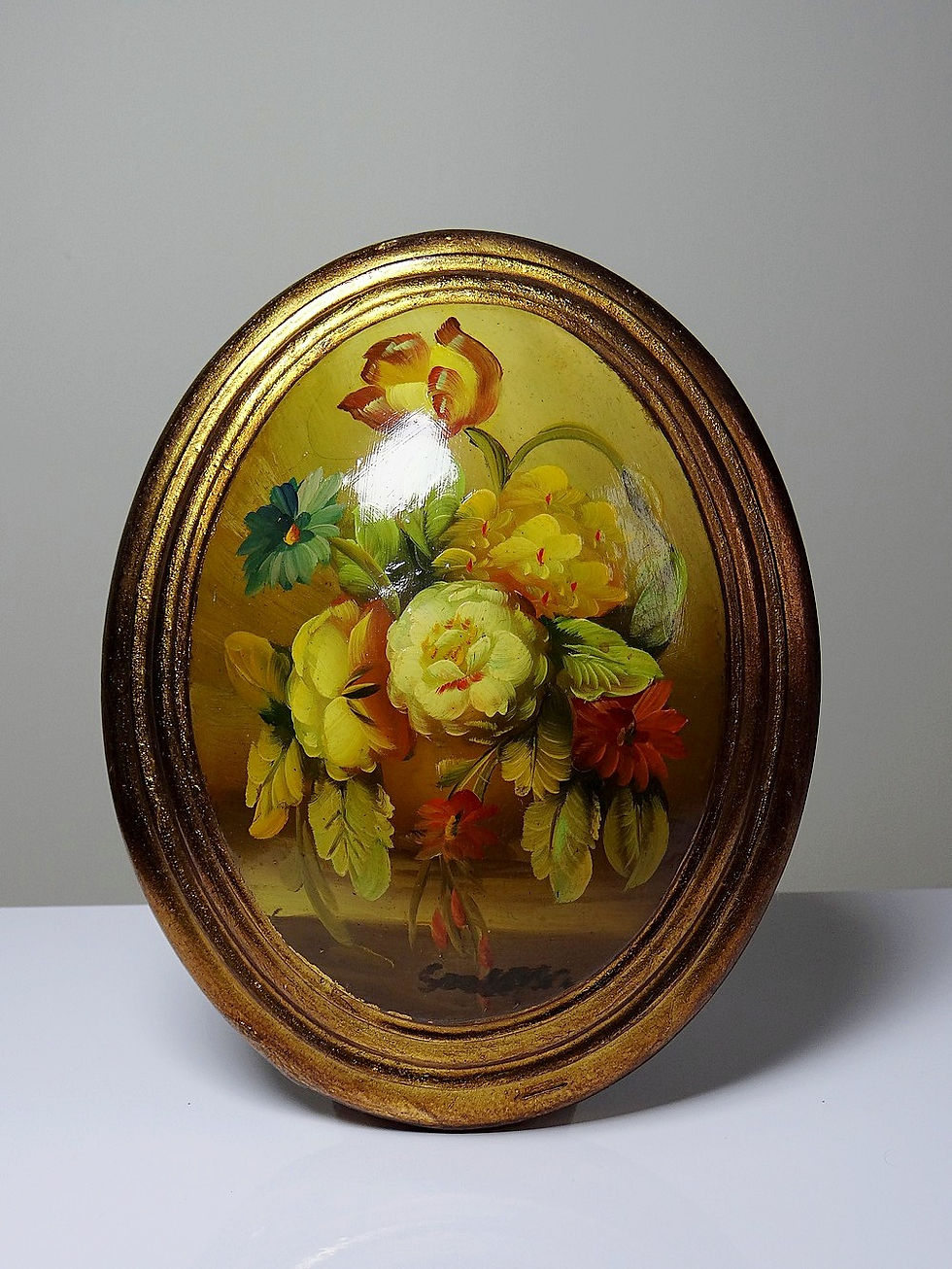 Petit tableau médaillon huile sur bois bombé Italien vintage bouquet de fleurs