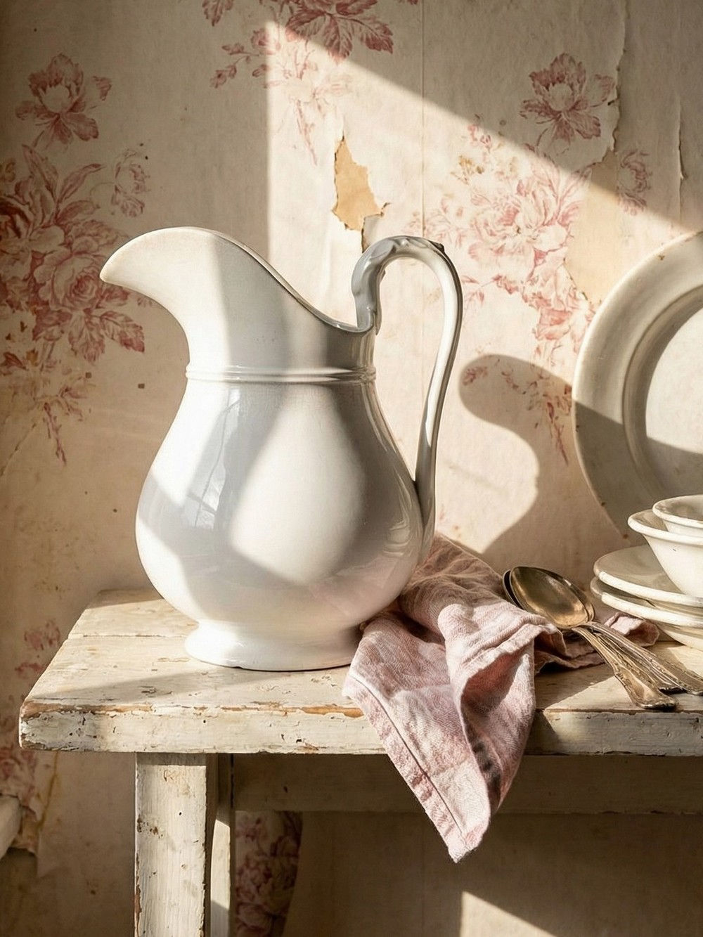 Pichet broc de toilette en faïence blanche ancienne Pexonne France