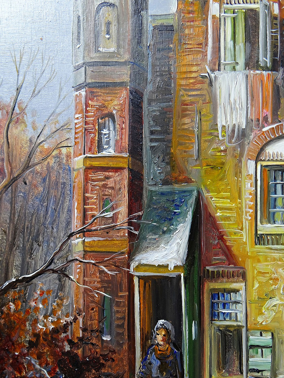 Grand tableau scène urbaine huile sur bois encadré John Haanstra vintage