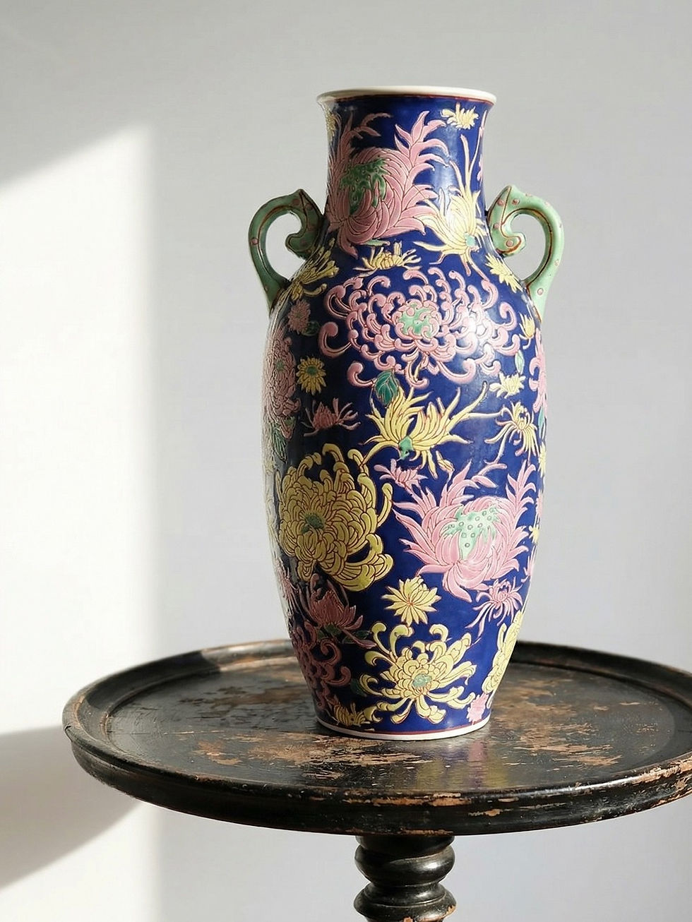 Grand vase balustre chinois vintage porcelaine émaillé à fleurs