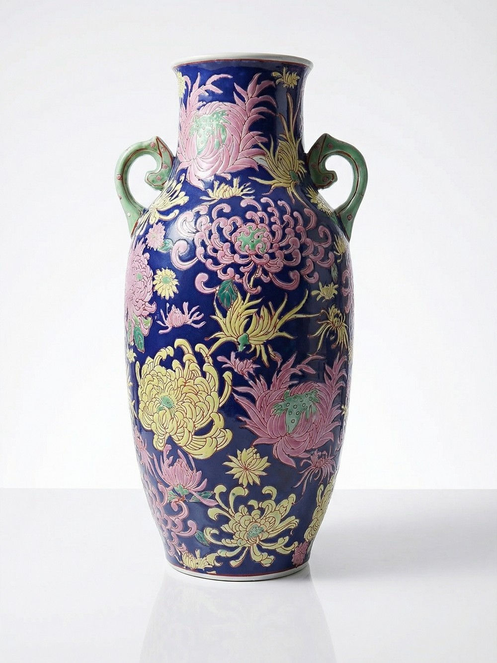 Grand vase balustre chinois vintage porcelaine émaillé à fleurs