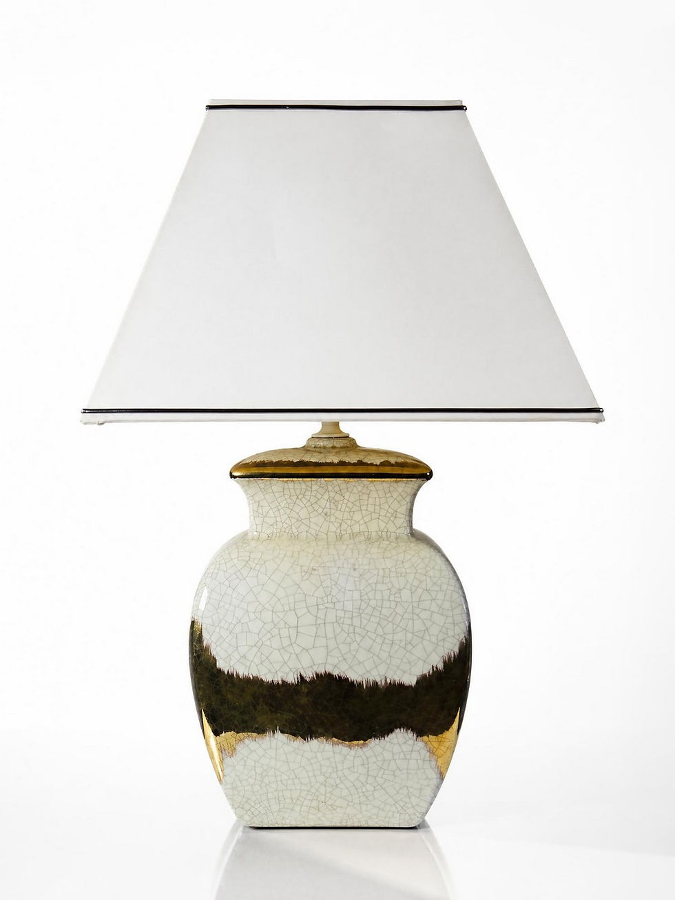 Miniature : Grande lampe vintage italienne en faïence craquelée ivoire et dorure