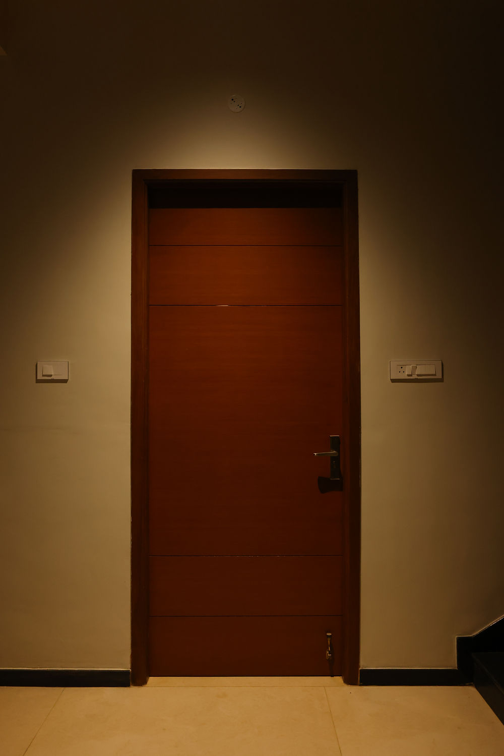 Dark wooden door with overhead light