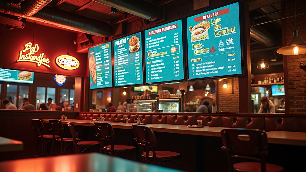 Eye-level view of a digital menu board displaying colorful food and drink options in an entertainment venue