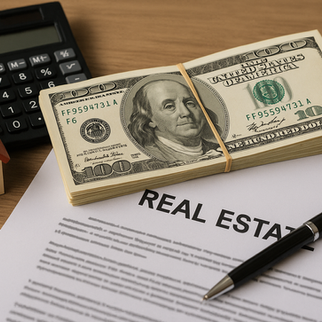 Calculator, wooden house, stack of $100 bills, and pen on a "REAL ESTATE" document on a wooden table, suggesting financial planning.