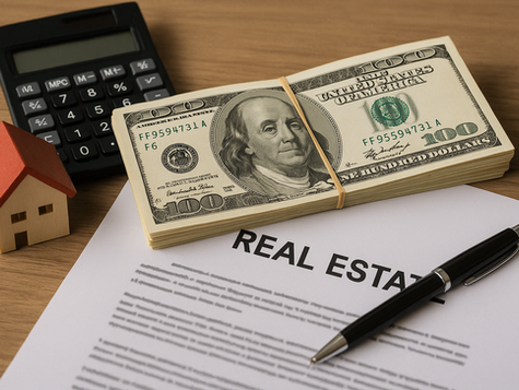 Calculator, wooden house, stack of $100 bills, and pen on a "REAL ESTATE" document on a wooden table, suggesting financial planning.