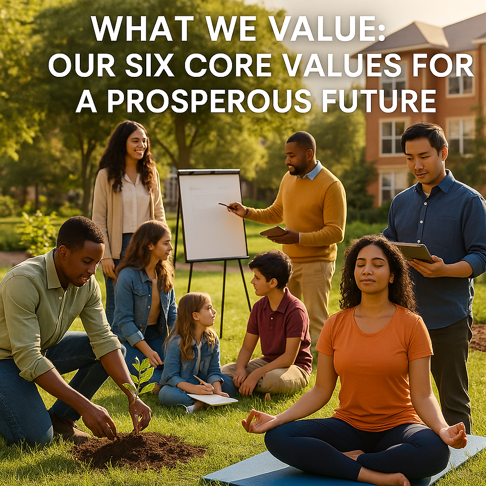 People in a park engage in planting, meditating, and discussing by a whiteboard. Text: "WHAT WE VALUE: OUR SIX CORE VALUES FOR A PROSPEROUS FUTURE."