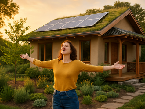 A joyful woman standing outside her new home at sunrise, arms open wide, symbolizing freedom, fulfillment, and a Purpose Driven Life.