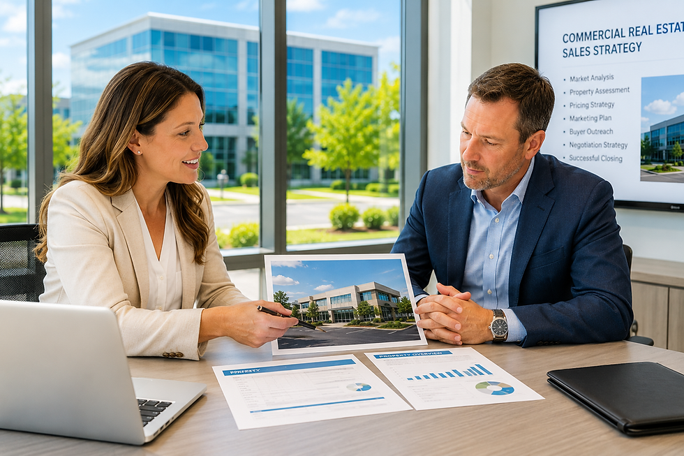 Two businesspeople discuss commercial real estate strategy in a bright office, reviewing a building photo and sales charts.