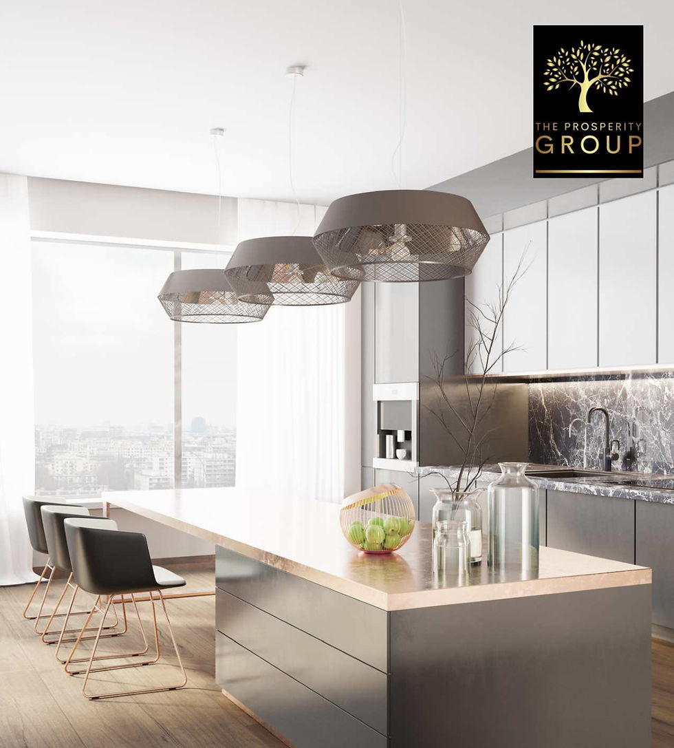 Modern kitchen with sleek island, black chairs, pendant lights, and city view. "Investor Guide" text with "The Prosperity Group" logo.