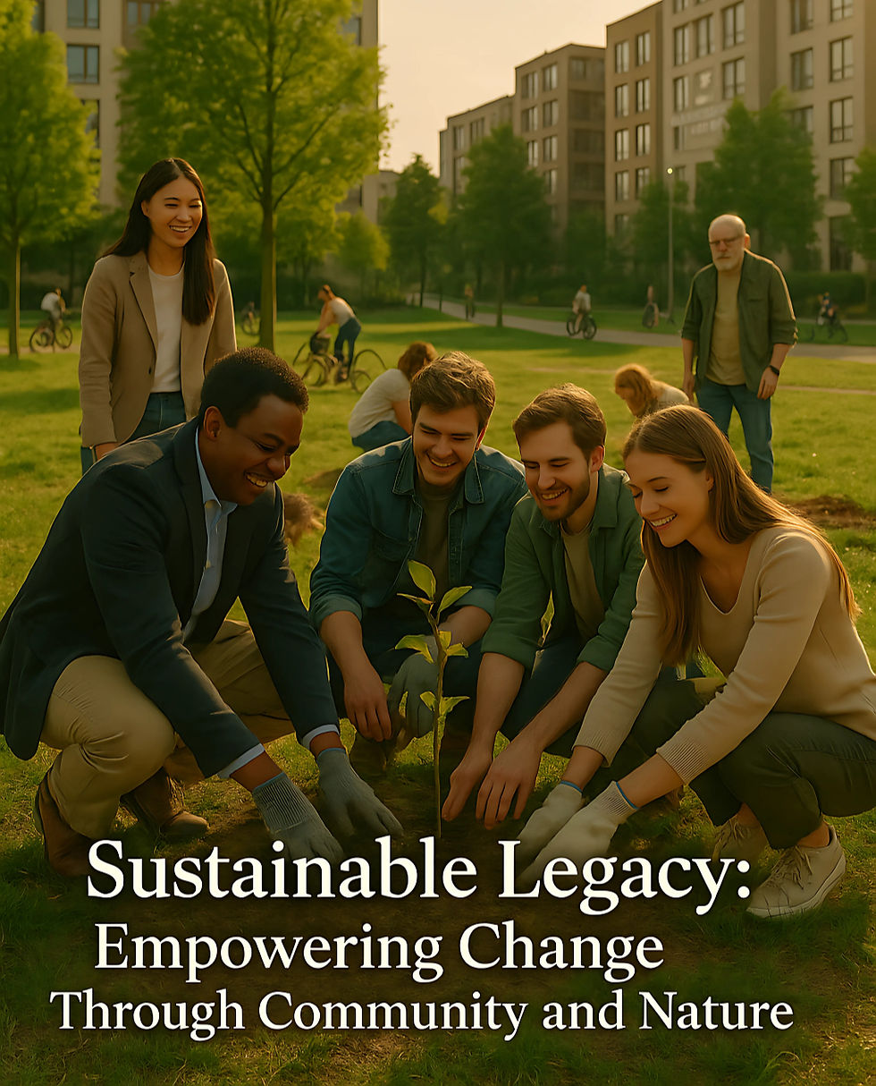 People planting a tree in a park, smiling. Text reads "Sustainable Legacy: Empowering Change Through Community and Nature."