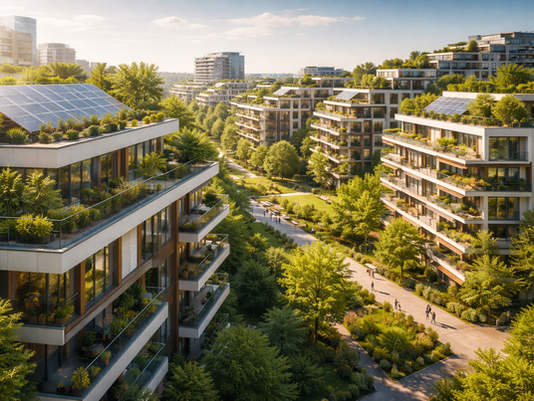 A vibrant, eco-friendly urban community featuring modern apartment buildings adorned with lush greenery and solar panels, surrounded by landscaped gardens and pathways bustling with people enjoying the serene environment.