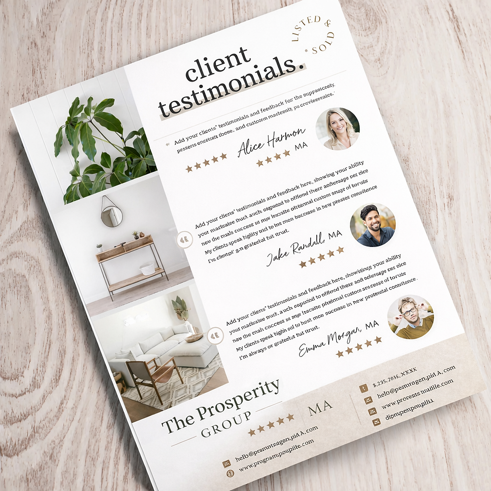 Client testimonial flyer on wood surface featuring photos of three people alongside their reviews. Includes plant, room decor images, and contact info.